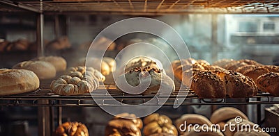 bakeries with some bread on racks Stock Photo