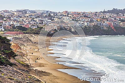 Bakers Beach aerial view over Californian sandy beach near San Francisco Bay, Pacific Ocean, gorgeous seascape, in light Stock Photo