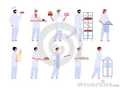 Bakers characters. Cartoon cute girl bake cake. Flat professional chef baking. Bakery, confectionery and bread, people Vector Illustration