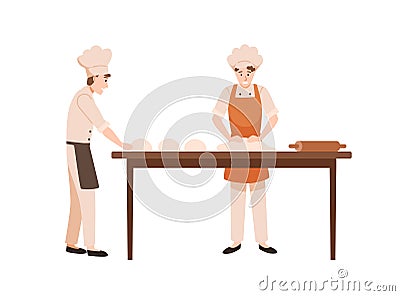 Bakers at work flat vector illustration. Bakery workers kneading dough cartoon characters. Kitchen staff working Vector Illustration