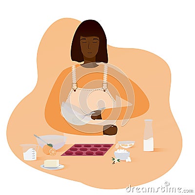 Making muffins, homemade cupcakes, confectionery business, girl baking Vector Illustration