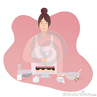 Smiling woman decorating cake, lovely hobby, girl baking , ingredients on the table Vector Illustration