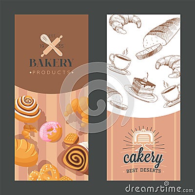 Bakery advertisement vertical banners with bakehouse emblem vector illustration Vector Illustration