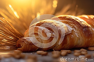 table croissant drink smoke background morning bokeh food breakfast bakery background cup. Generative AI. Stock Photo