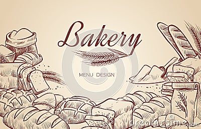 Bakery background. Hand drawn cooking bread bakery bagel breads pastry bake baking culinary vector menu design Vector Illustration