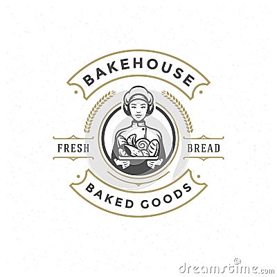 Bakery badge or label retro vector illustration baker woman holding basket with bread silhouette for bakehouse. Vector Illustration