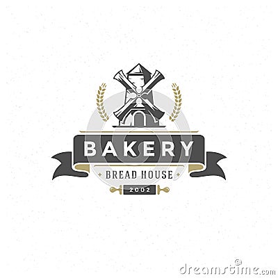 Bakery badge or label retro vector illustration. Mill silhouette for bakehouse. Vector Illustration