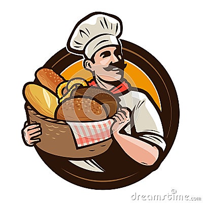 Bakery, bakehouse logo or label. Baker with a wicker basket of freshly baked bread. Vector illustration Vector Illustration