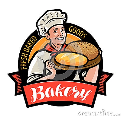 Bakery, bakehouse logo or label. Happy baker or cook with bread in hand. Vector illustration Vector Illustration