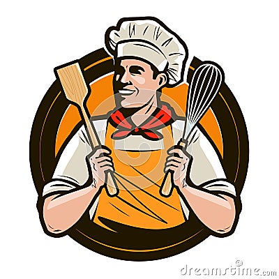 Bakery, bakeshop logo or label. Happy cook holds a shovel and a whisk in hands. Vector illustration Vector Illustration