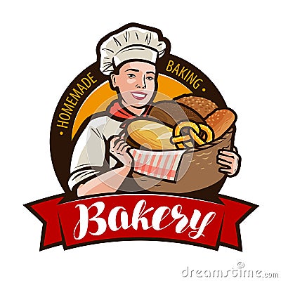 Bakery, bakeshop logo or label. Woman baker holding a wicker basket full of bread. Vector illustration Vector Illustration