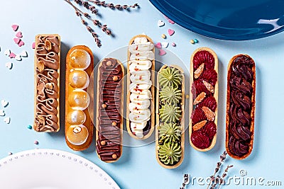 Bakery banner background of eclairs colorful topping Stock Photo