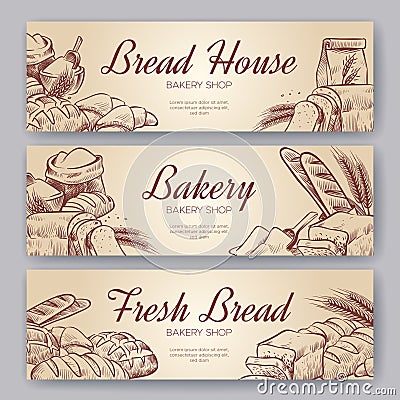Bakery banners. Hand drawn cooking bread bakery bagel breads pastry rye bake baking pumpernickel culinary banner set Vector Illustration