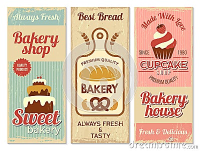 Bakery banners. Sweet cakes kitchen logotype for cooking projects vector restaurant menu template Vector Illustration