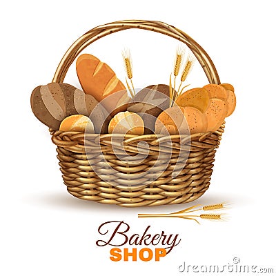 Bakery Basket With Bread Realistic Image Vector Illustration