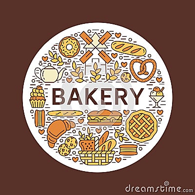 Bakery, bread house poster template. Vector food line icons, illustration of sweets, pretzel, croissant, muffin, pastry Vector Illustration