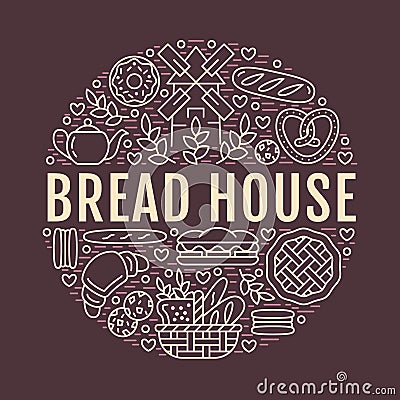 Bakery, bread house poster template. Vector food line icons, illustration of sweets, pretzel croissant, muffin, pastry Vector Illustration