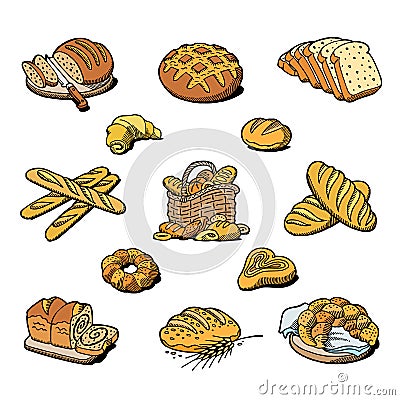 Bakery and bread vector baking breadstuff meal loaf or baguette baked by baker in bakehouse set illustration isolated on Vector Illustration