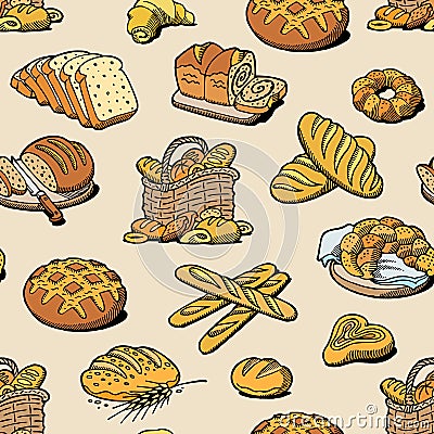 Bakery and bread vector baking breadstuff meal loaf or baguette baked by baker in bakehouse set illustration seamless Vector Illustration