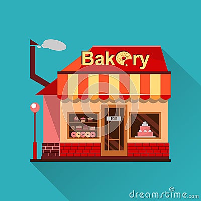 Bakery building with cakes, donuts and pies Vector Illustration