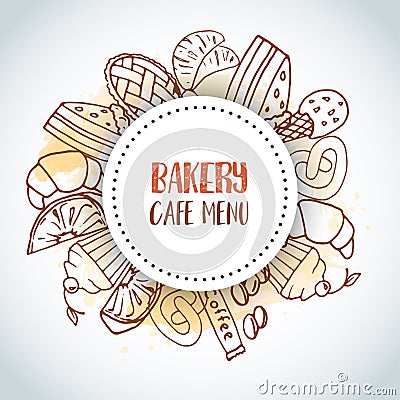 Bakery Cafe Menu text background. Sweet pastry, cupcakes, dessert poster with chocolate cake, sweets. Ice Cream Hand Vector Illustration