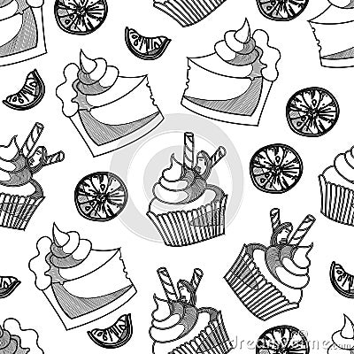 Bakery cake and cupcake orange in black and white seamless pattern Vector Illustration