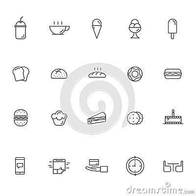 Bakery and cake delivery outline icons set, dessert store commercial Vector Illustration