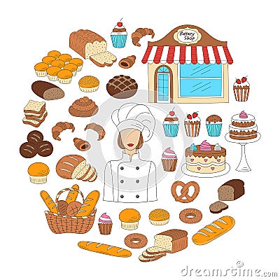 Bakery collection doodle style vector illustrations isolated on white Vector Illustration