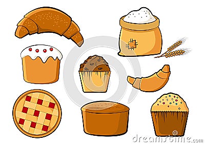 Bakery colored set, vector illustration Cartoon Illustration