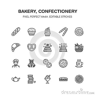 Bakery, confectionery flat line icons. Sweet shop products Vector Illustration