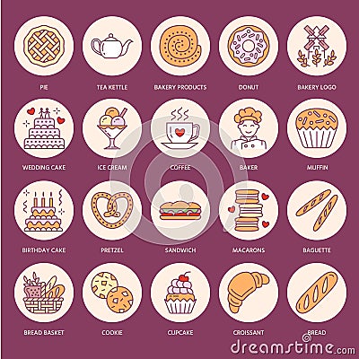 Bakery, confectionery flat line icons. Sweet shop products - cake, croissant, muffin, pastry, cupcake, pie Food thin Vector Illustration