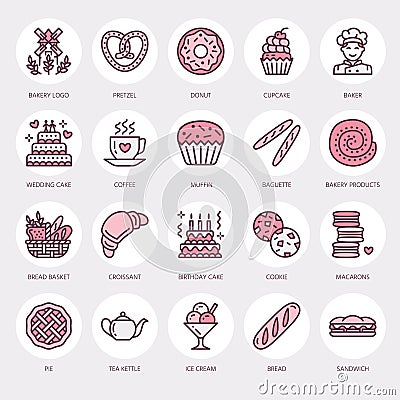 Bakery, confectionery line icons. Sweet shop product - cake, croissant, muffin, pastry, cupcake, pie Food thin linear Vector Illustration