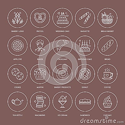 Bakery, confectionery line icons. Sweet shop products cake, croissant, muffin, pastry cupcake, pie Food thin linear Vector Illustration