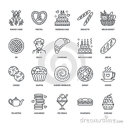 Bakery, confectionery line icons. Sweet shop products - Vector Illustration