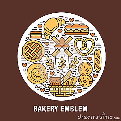 Bakery, confectionery poster template. Vector food line icons, circle colored illustration of sweets, pretzel, croissant Vector Illustration