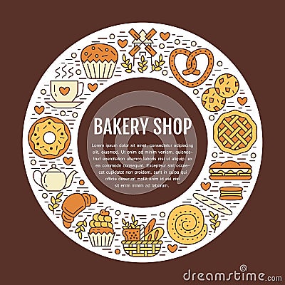 Bakery, confectionery poster template. Vector food line icons, illustration of sweets, pretzel, croissant, muffin Vector Illustration