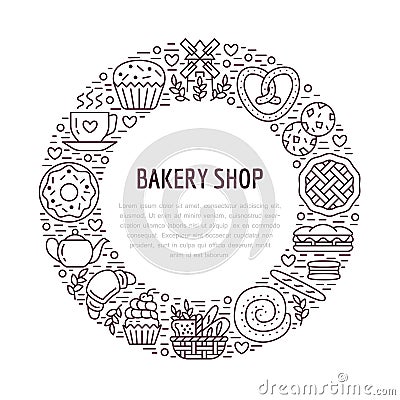 Bakery, confectionery poster template. Vector food line icons, illustration of sweets, pretzel croissant, muffin, pastry Vector Illustration