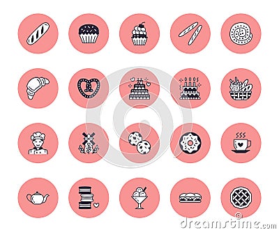 Bakery, confectionery vector flat line icons. Sweet shop goods - cake, croissant, muffin, baguette, baker, sandwich Vector Illustration