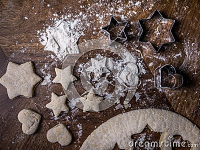 Bakery Cookie dough with cutting mold on kitchen table. Stock Photo