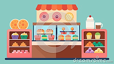 The bakery counter is adorned with a colorful array of treats making it difficult for the regulars to choose just one Vector Illustration