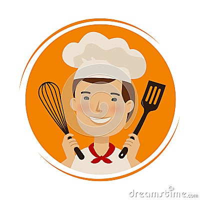 Bakery, cuisine logo. Cute chef in hat with kitchen tools in hands. Cartoon vector illustration Vector Illustration