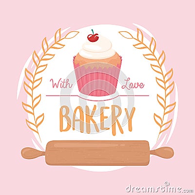 Bakery cupcake and rolling pin emblem design icon Vector Illustration