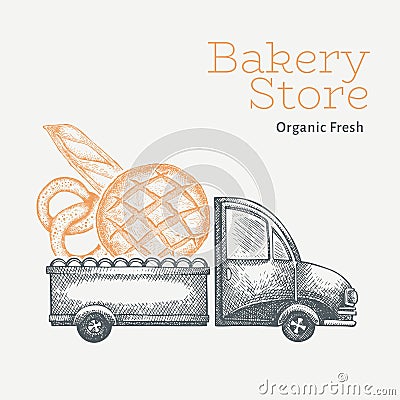 Bakery delivery logo template. Hand drawn vector truck with bread illustration. Engraved style vintage food design Cartoon Illustration
