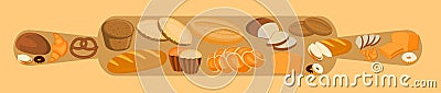 Bakery design concept with rolling pin and bread, sweet bun, cookies, croissant, cake, donut Vector Illustration