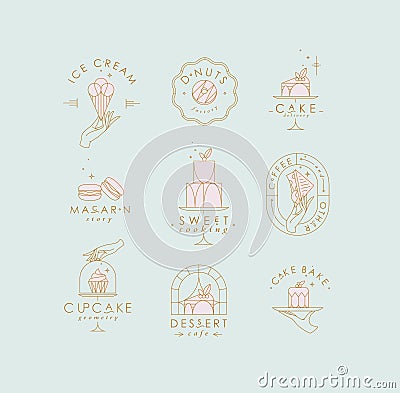 Bakery dessert labels art deco turquoise and pink Vector Illustration