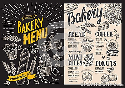 Bakery dessert menu for restaurant on chalkboard background. Design template with food hand-drawn graphic illustrations. Vector f Vector Illustration