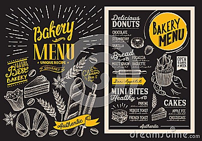 Bakery dessert menu for restaurant. Design template on chalkboard background with food hand-drawn graphic illustrations. Vector Vector Illustration