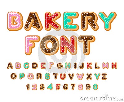 Bakery font. Donut ABC. Baked in oil letters. Chocolate icing an Vector Illustration