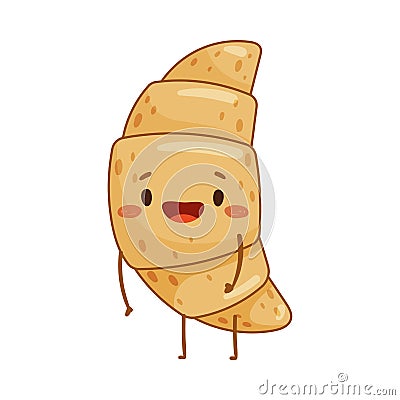 Bakery food cartoon character. Cute croissant with funny smiling face vector illustration Vector Illustration