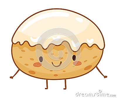 Bakery food cartoon character. Cute glazed bun with funny smiling face vector illustration Vector Illustration